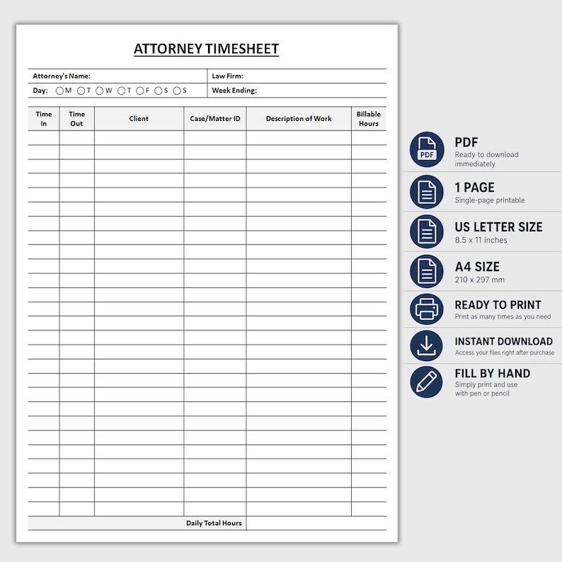Printable Attorney Timesheet | Legal Time Tracker | Billable Hours Log ...