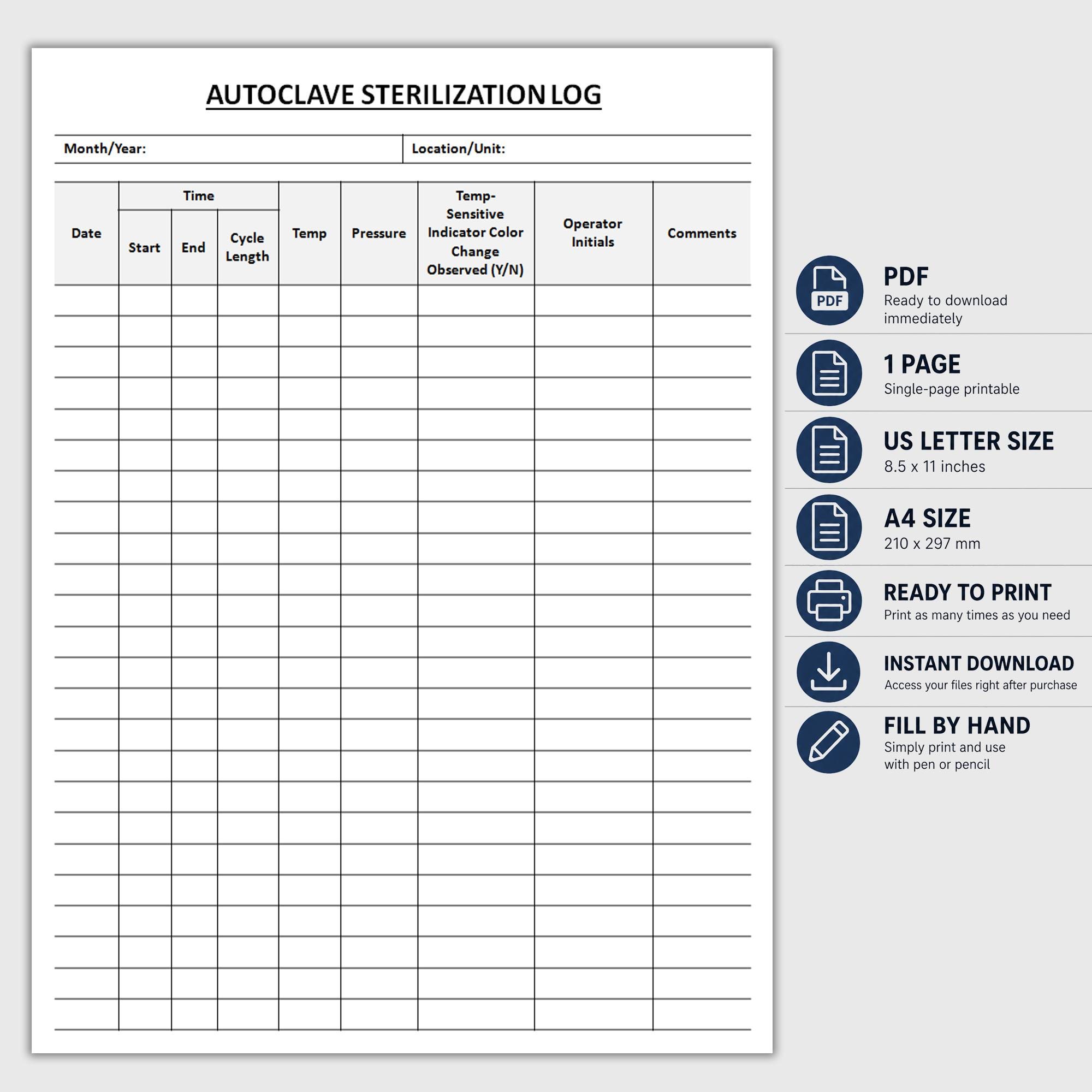 Printable Autoclave Sterilization Log | Sterilizer Record ...