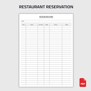 Puede incluir: Una hoja de reserva de restaurante blanca con el título "RESTAURANT RESERVATION" en la parte superior. La hoja incluye campos para la fecha, la hora, el nombre, el tamaño del grupo, el número de mesa, el número de teléfono y las notas. Un icono PDF está en la esquina inferior derecha.
