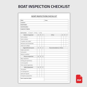 Könnte beinhalten: Eine weiße Bootsinspektionscheckliste mit dem Titel "BOAT INSPECTION CHECKLIST" in Blau. Die Checkliste enthält Abschnitte für Außen-, Motor-, Kraftstoffsystem-, Innen- und Sicherheitsausrüstungsinspektionen. Ein rotes PDF-Symbol befindet sich in der unteren rechten Ecke.