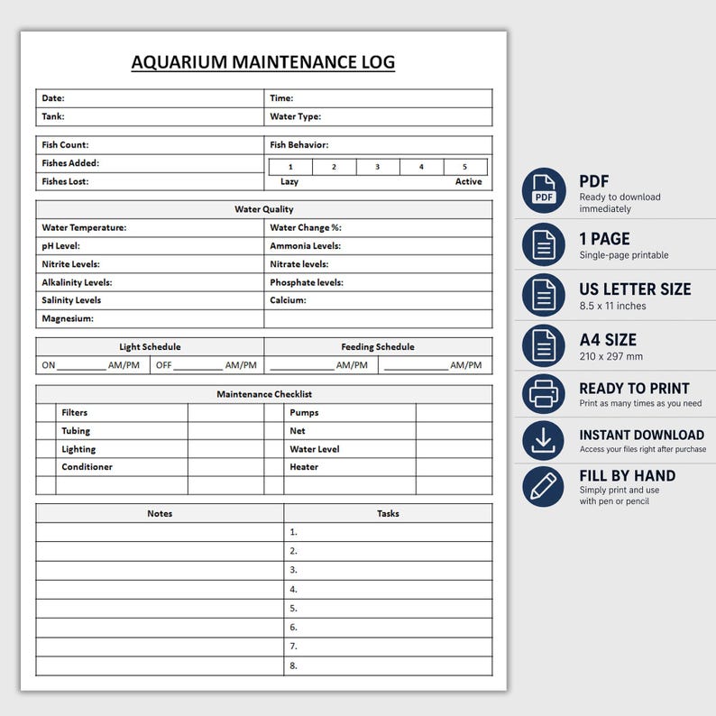 Printable Aquarium Maintenance Log | Fish Tank Maintenance Tracker ...
