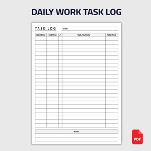 Może przedstawiać: Biały, drukowany dziennik zadań roboczych z tytułem "DAILY WORK TASK LOG" w kolorze ciemnoniebieskim. Dziennik zadań zawiera sekcje dla godzin rozpoczęcia i zakończenia, zadania/czynności i całkowitego czasu. Ikona PDF znajduje się w prawym dolnym rogu.