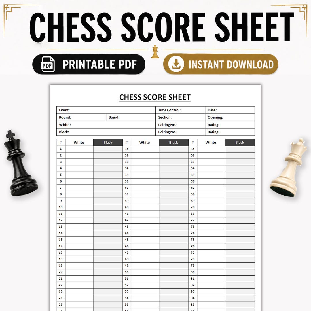 Printable Chess Score Sheet | Chess Scorecard | Match Score Record Log ...