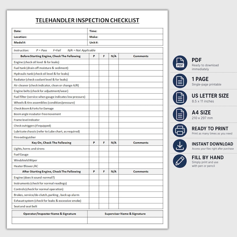 Printable Telehandler Inspection Checklist | Daily Inspection Form ...