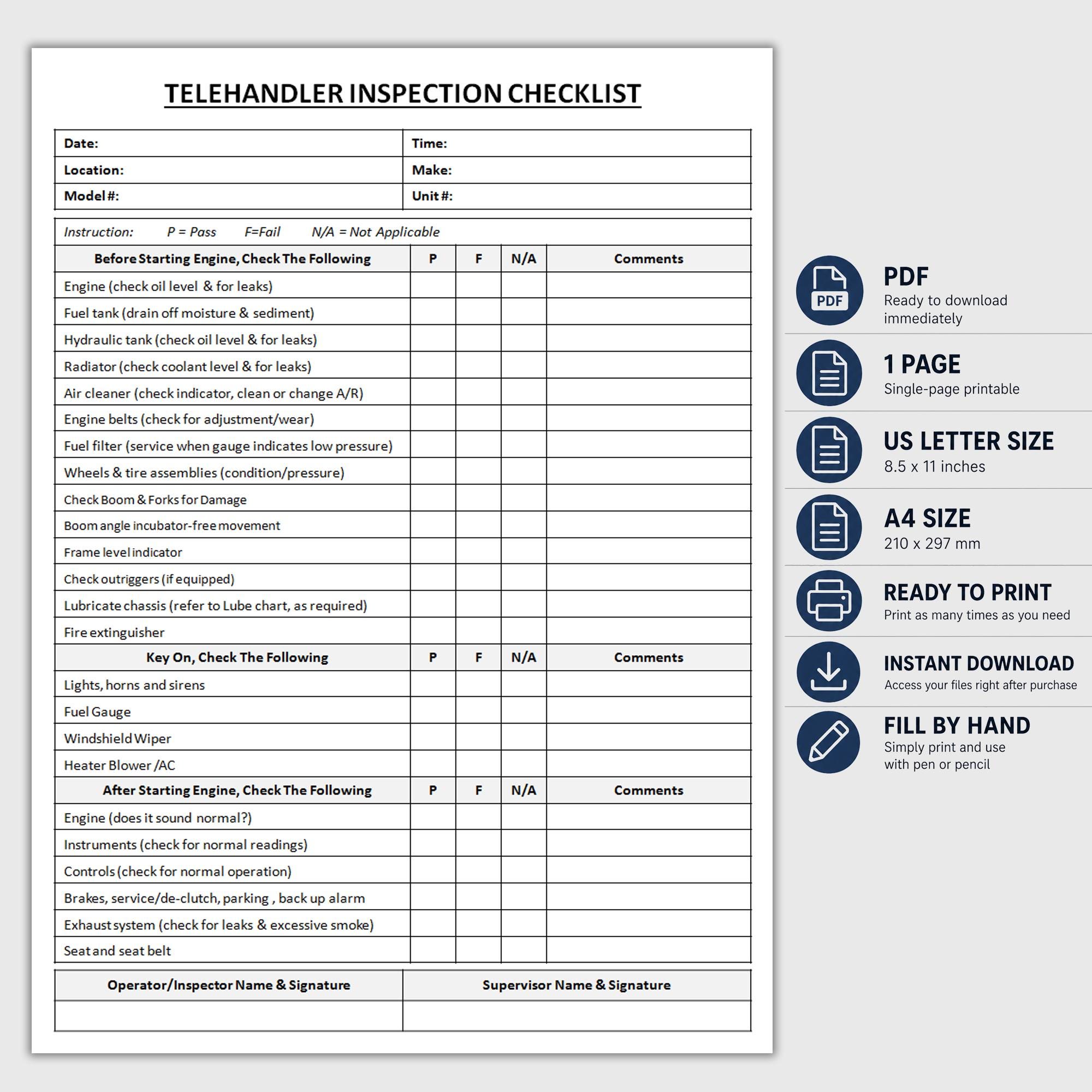 Tetlhandler Visual Inspection Printable Telehandler Inspection Checklist | Daily Inspection Form ...