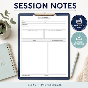 Könnte beinhalten: Ein blauer Klemmbrett mit einer weißen Sitzungsnotizvorlage. Die Vorlage enthält Abschnitte für Datum, Sitzung, Kundenname, Thema, Gesprächspunkte und Notizen. Die Worte "Session Notes" stehen oben. Ein Stift und ein Notizbuch sind ebenfalls im Bild.