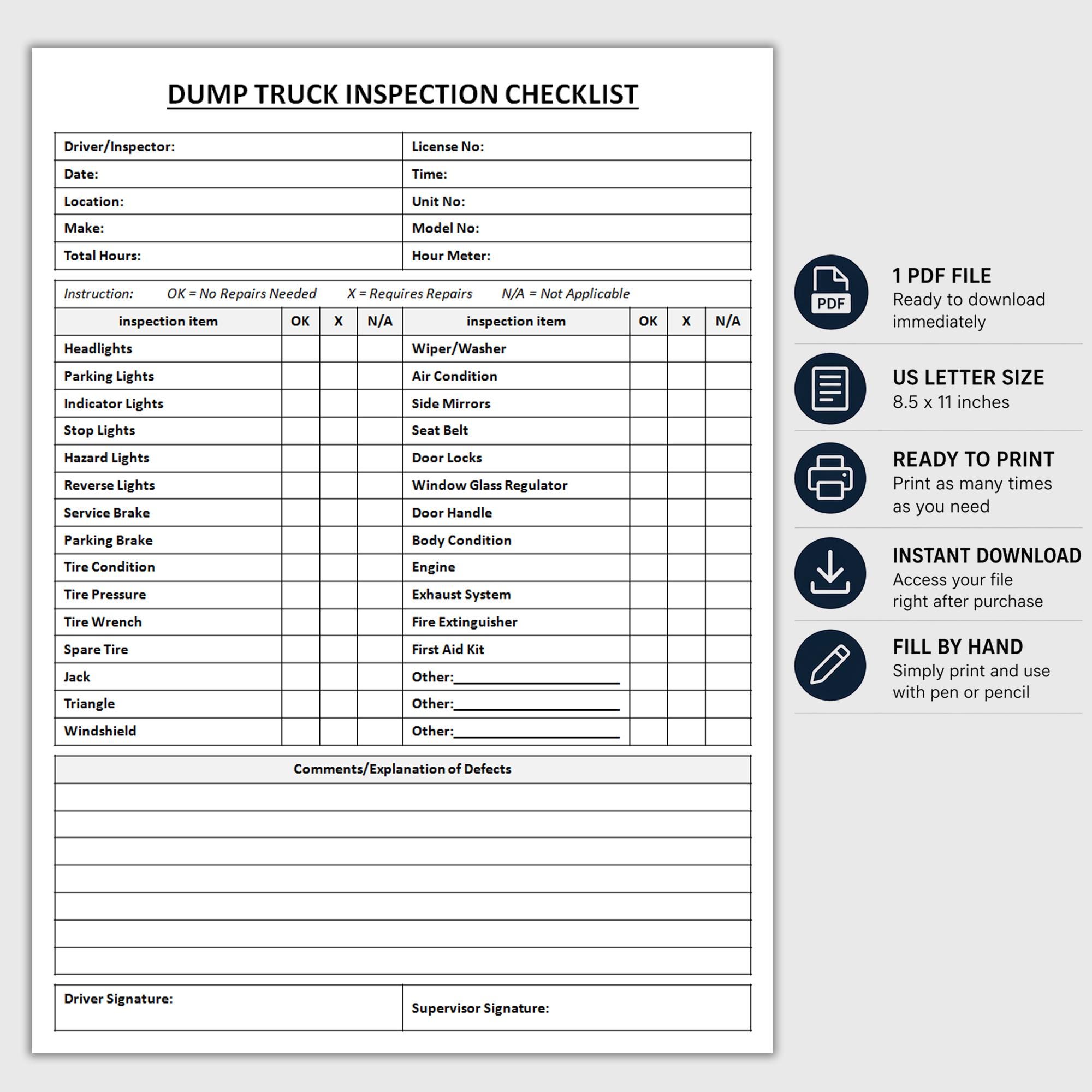 Printable Dump Truck Inspection Checklist | Daily Inspection Form ...