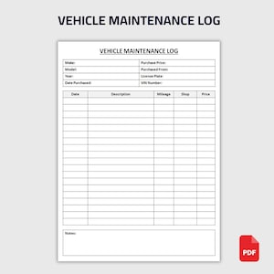 Pode incluir: Um diário de bordo branco de manutenção de veículos com o título "Vehicle Maintenance Log" no topo. O diário inclui campos para detalhes do veículo e uma tabela para registrar informações de manutenção. Um ícone PDF vermelho está no canto inferior direito.