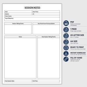 K&ouml;nnte beinhalten: Druckbare PDF-Vorlage f&uuml;r Sitzungsnotizen mit Abschnitten f&uuml;r Datum, Sitzungsdetails, Gespr&auml;chspunkte und Notizen. Enth&auml;lt US Letter-Gr&ouml;&szlig;e (21,6 x 27,9 cm) und A4-Gr&ouml;&szlig;e (21,0 x 29,7 cm) Optionen. Zum Drucken und Ausf&uuml;llen von Hand.