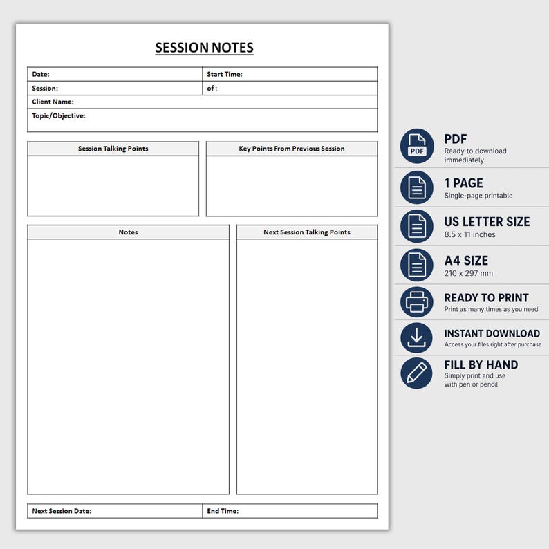 K&ouml;nnte beinhalten: Druckbare PDF-Vorlage f&uuml;r Sitzungsnotizen mit Abschnitten f&uuml;r Datum, Sitzungsdetails, Gespr&auml;chspunkte und Notizen. Enth&auml;lt US Letter-Gr&ouml;&szlig;e (21,6 x 27,9 cm) und A4-Gr&ouml;&szlig;e (21,0 x 29,7 cm) Optionen. Zum Drucken und Ausf&uuml;llen von Hand.