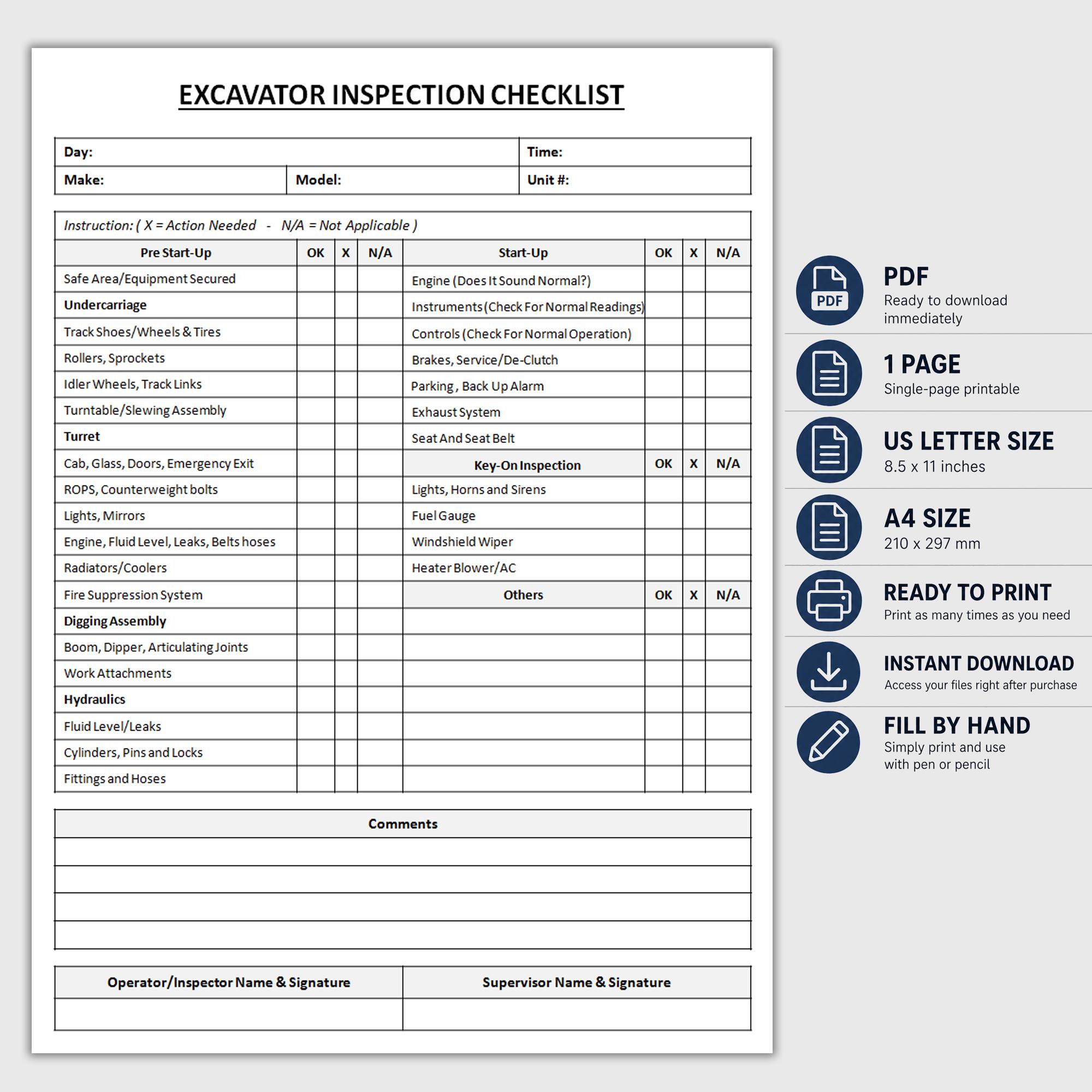 Printable Excavator Inspection Checklist | Equipment Safety Checklist ...