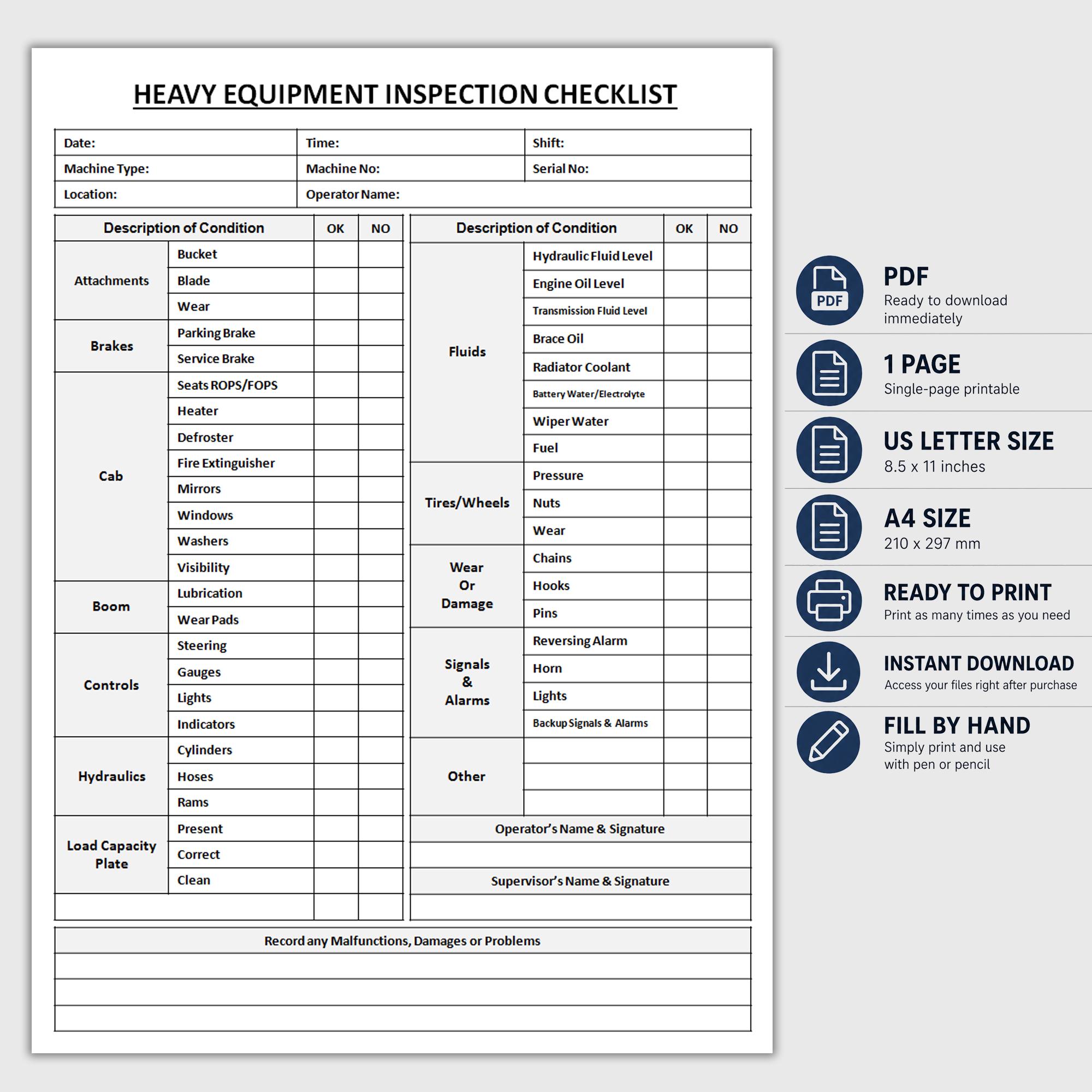 Printable Heavy Equipment Inspection Checklist | Equipment Safety ...