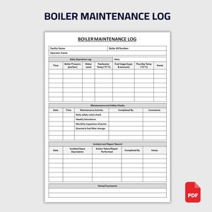 Może przedstawiać: Biały dokument PDF zatytułowany "BOILER MAINTENANCE LOG" z sekcjami dotyczącymi codziennej eksploatacji, konserwacji i rejestrów incydentów. Zawiera pola dla ciśnienia kotła, poziomu wody i zużycia paliwa.