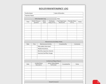 Printable Kessel Wartung Log | Kesselserviceheft | Checkliste für die Kesselsicherheit | Kessel-Bemannbuch | PDF-Download