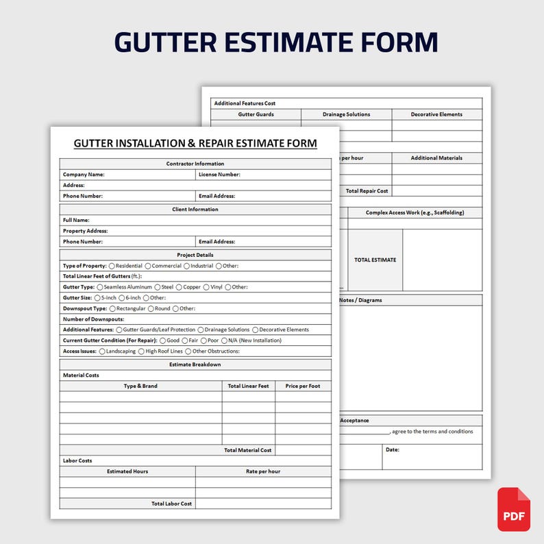 Printable Gutter Estimate Form | Contractor Estimating Sheet | Service ...