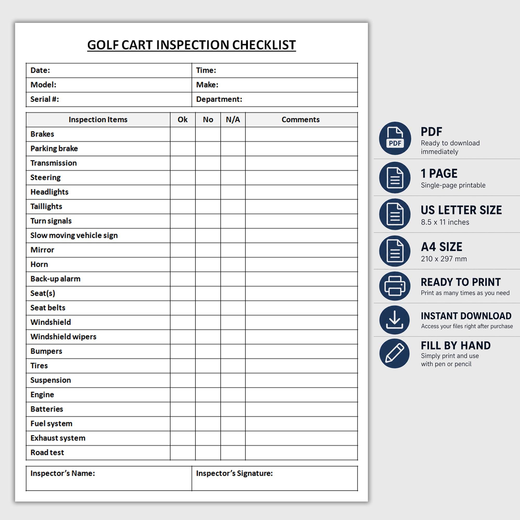 Printable Golf Cart Inspection Checklist | Equipment Safety Checklist ...