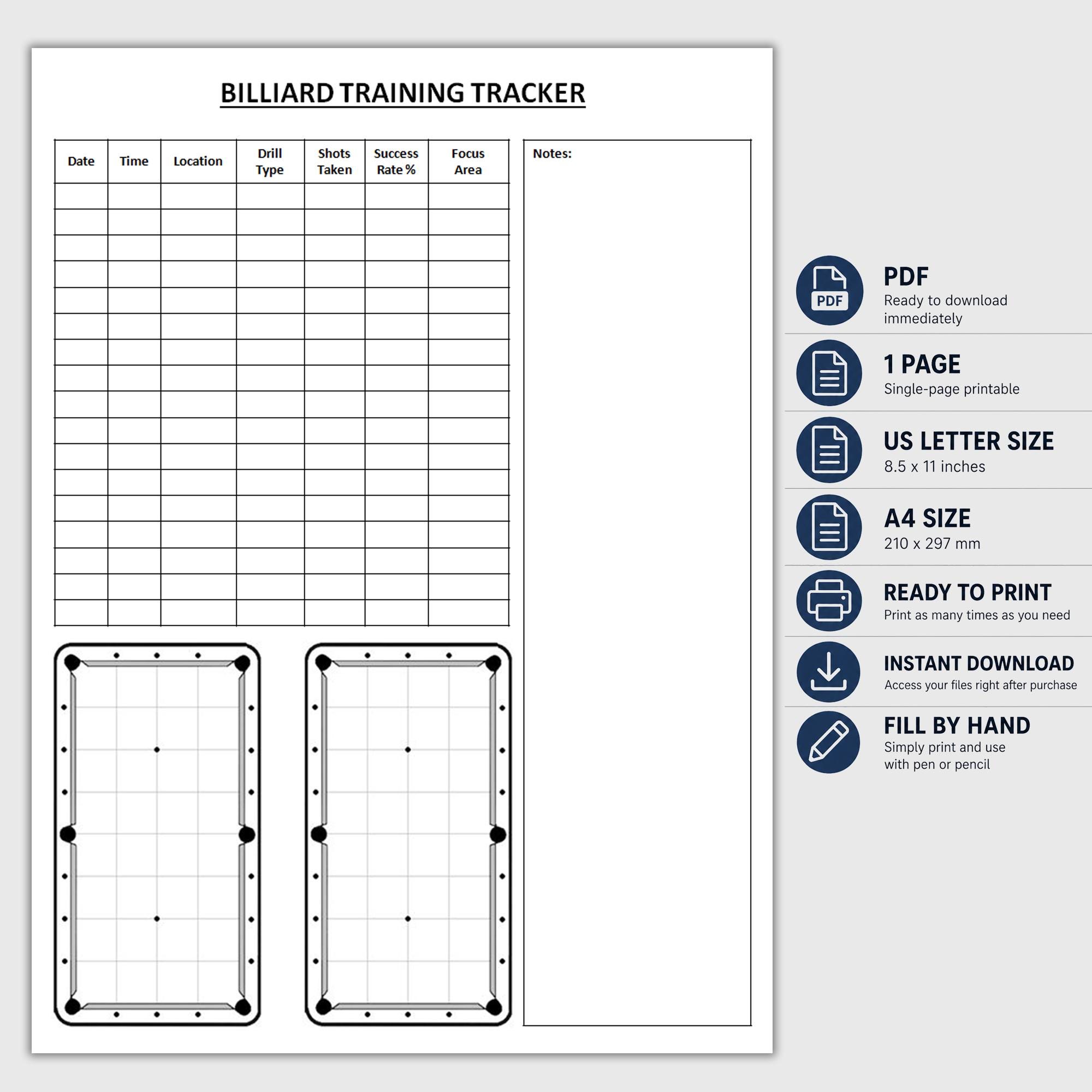 Printable Billiard Training Tracker | Pool Practice Log | Billiards ...