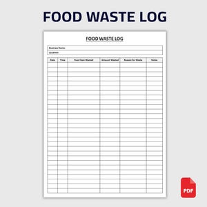 Può includere: Un documento bianco Food Waste Log con testo nero. Il documento include campi per il nome dell'azienda, la posizione, la data, l'ora, gli alimenti sprecati, la quantità sprecata, il motivo dello spreco e le note. Il titolo è "FOOD WASTE LOG".