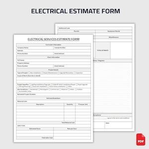 Op de afbeelding: Elektrisch schattingsformulier met de titel bovenaan. Het formulier bevat secties voor aannemer- en klantgegevens, projectdetails en een schattingsuitsplitsing. Het formulier is ontworpen voor elektrische diensten.