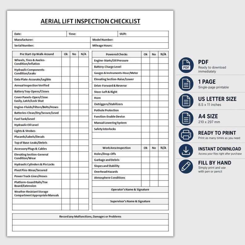 Printable Aerial Lift Inspection Checklist | Daily Inspection Form ...