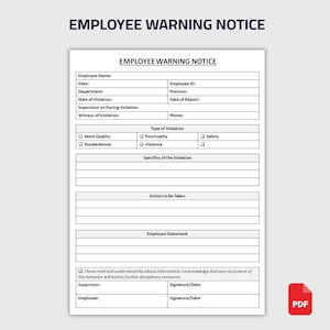 May include: A white Employee Warning Notice form with a blue header that reads "EMPLOYEE WARNING NOTICE." The form includes fields for employee information, violation details, and actions to be taken. A PDF icon is in the bottom right corner.