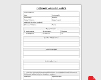 Druckbare Warnmitteilung für Mitarbeiter | Write Up & Disciplinational Action Vorlage | HR-Verstoß-Aufzeichnung | PDF-Download
