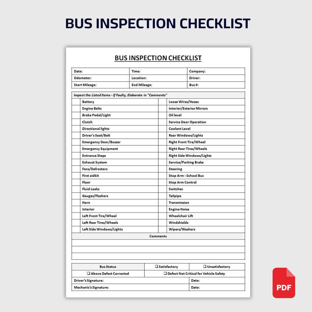 Printable Bus Inspection Checklist | Daily Inspection Report Form ...