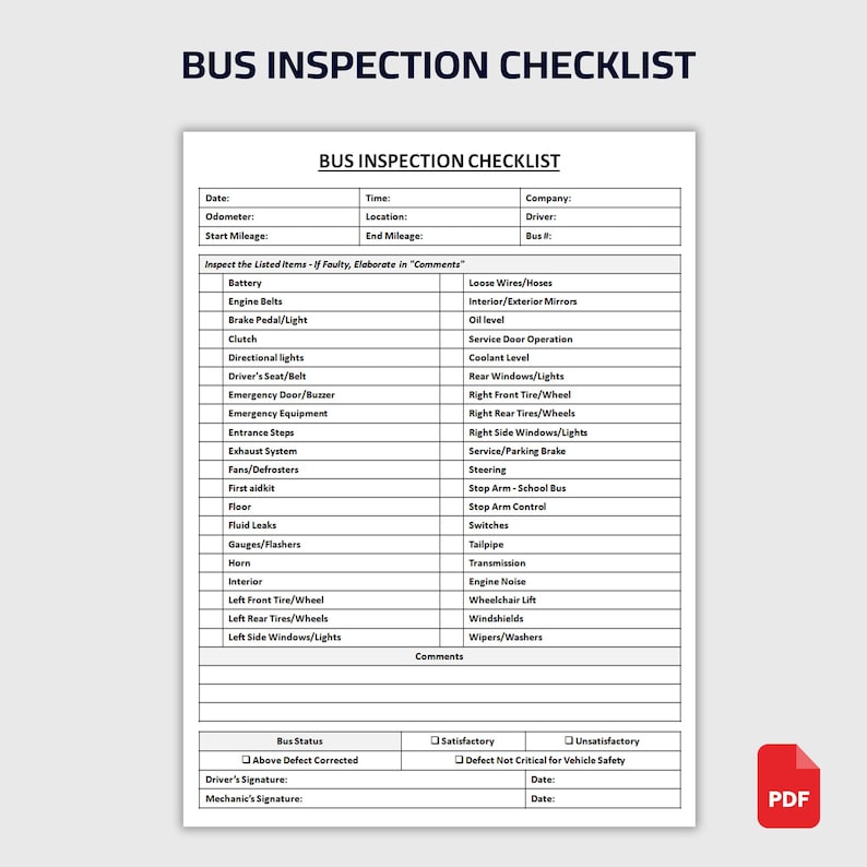 Printable Bus Inspection Checklist | Daily Inspection Report Form ...