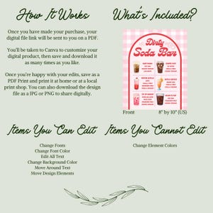 May include: A digital print design with the text "Dirty Soda Bar" and drink illustrations. The design includes instructions on how to customize and print the file. The sign is 8" by 10" in size.