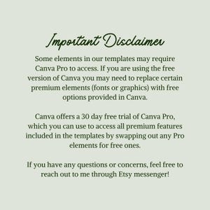 May include: A light green background with the text "Important Disclaimer" in a decorative font. The text explains that some elements in the templates may require Canva Pro and offers a 30-day free trial.