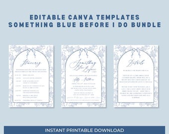 Pode incluir: Um pacote de três modelos imprimíveis com um design floral azul. Os modelos incluem um itinerário, um cartão "Something Blue Before I Do" e um cartão de detalhes. O texto nos modelos está em uma fonte de script. As palavras "Editable Canva Templates" e "Instant Printable Download" também são visíveis.