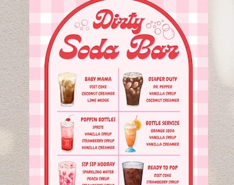 Pode incluir: Um menu rosa e branco xadrez Dirty Soda Bar com seis receitas de refrigerantes. Cada receita inclui a base de refrigerante, a calda e o creme. O menu apresenta os nomes das bebidas, como Baby Mama e Ready to Pop.
