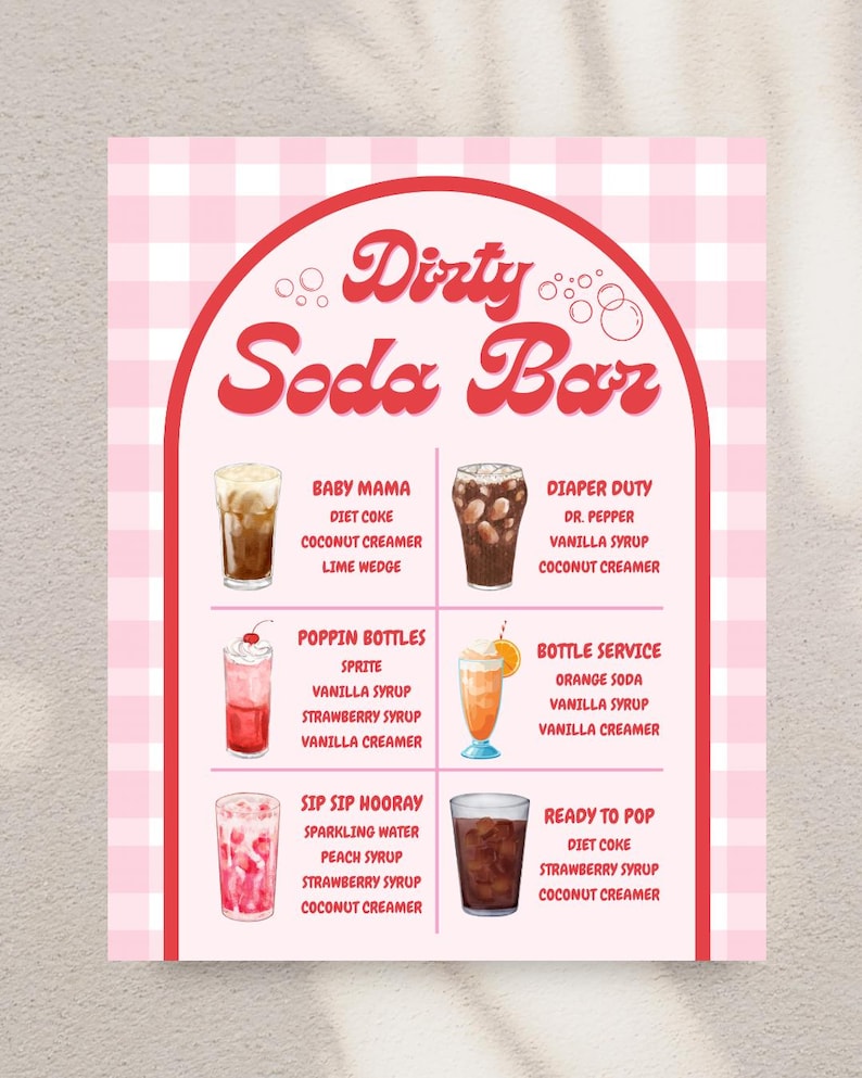 May include: A pink and white checkered Dirty Soda Bar menu with six soda recipes. Each recipe includes the soda base, syrup, and creamer. The menu features the names of the drinks, such as Baby Mama and Ready to Pop.