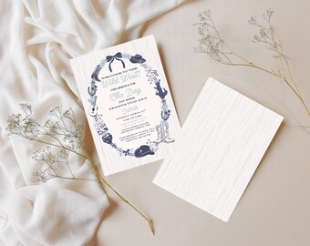 Pode incluir: Um anúncio de formatura com tema do Velho Oeste com um design azul e branco. O convite apresenta uma borda oval decorativa com botas de cowboy, chapéus e cactos. O texto diz: "Bem-vindo ao Velho Oeste! Comemore o Dia de Ella em sua formatura."