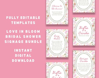 Pode incluir: Um conjunto de sinalização de chá de panela rosa com desenhos florais. O texto inclui "Modelos totalmente editáveis", "Love in Bloom", "Pacote de sinalização de chá de panela" e "Download digital instantâneo". Cartões individuais apresentam texto.