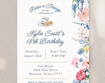 Pode incluir: Um convite para o 18º aniversário de Kylie Scott, com detalhes florais em aquarela em rosa, azul e roxo. O texto diz "Raise a Teacup" e inclui detalhes do evento: data, hora e local em Houston, Texas.
