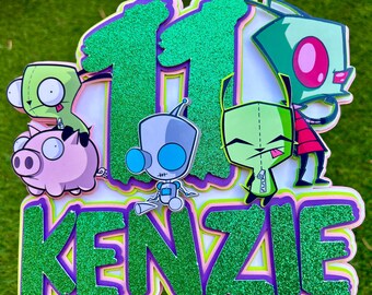 Invader Zim Cake Topper Personalisiert | Zim und GIR Geburtstagskuchen Dekor | Cartoon Party Dekorationen | Benutzerdefinierte Name Topper