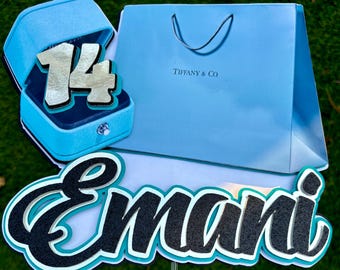Tiffany Blau Inspiriert Geburtstag Topper | Personalisierte Alter & Name Party Dekoration | Eleganter Topper mit individuellem Namen | Cake Topper mit Zahl