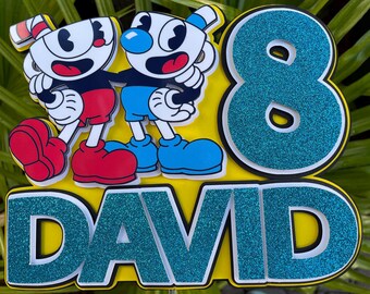 Cuphead Geburtstagskuchendekoration, Videospiel-Partydekoration, Name nach Wunsch