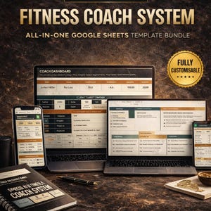 Può includere: Un pacchetto di sistema di coaching di fitness con il testo "FITNESS COACH SYSTEM" e "ALL-IN-ONE GOOGLE SHEETS TEMPLATE BUNDLE". L'immagine mostra un laptop, uno smartphone e un taccuino che mostra i dati di fitness e un sigillo d'oro "FULLY CUSTOMISABLE".