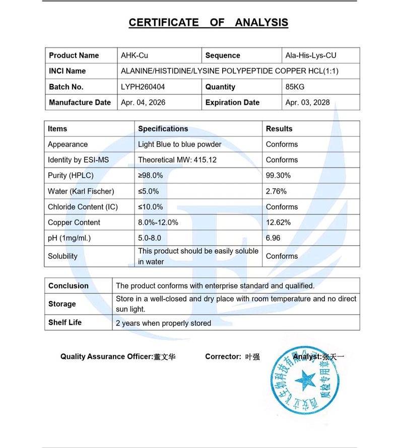 May include: A Certificate of Analysis document for AHK-Cu, listing the INCI name as ALANINE/HISTIDINE/LYSINE POLYPEPTIDE COPPER HCL(1:1), batch number LYPH260404, quantity 85KG, manufacture date Apr. 04, 2026, and expiration date Apr. 03, 2028.