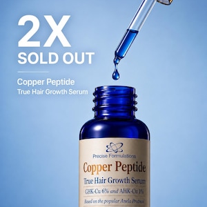 May include: A blue glass bottle of Copper Peptide True Hair Growth Serum with a dropper dispensing a blue liquid. The label reads Precise Formulations, Copper Peptide, True Hair Growth Serum, GHK-Cu 6% and AHK-Cu 1%, Anela Protocol.