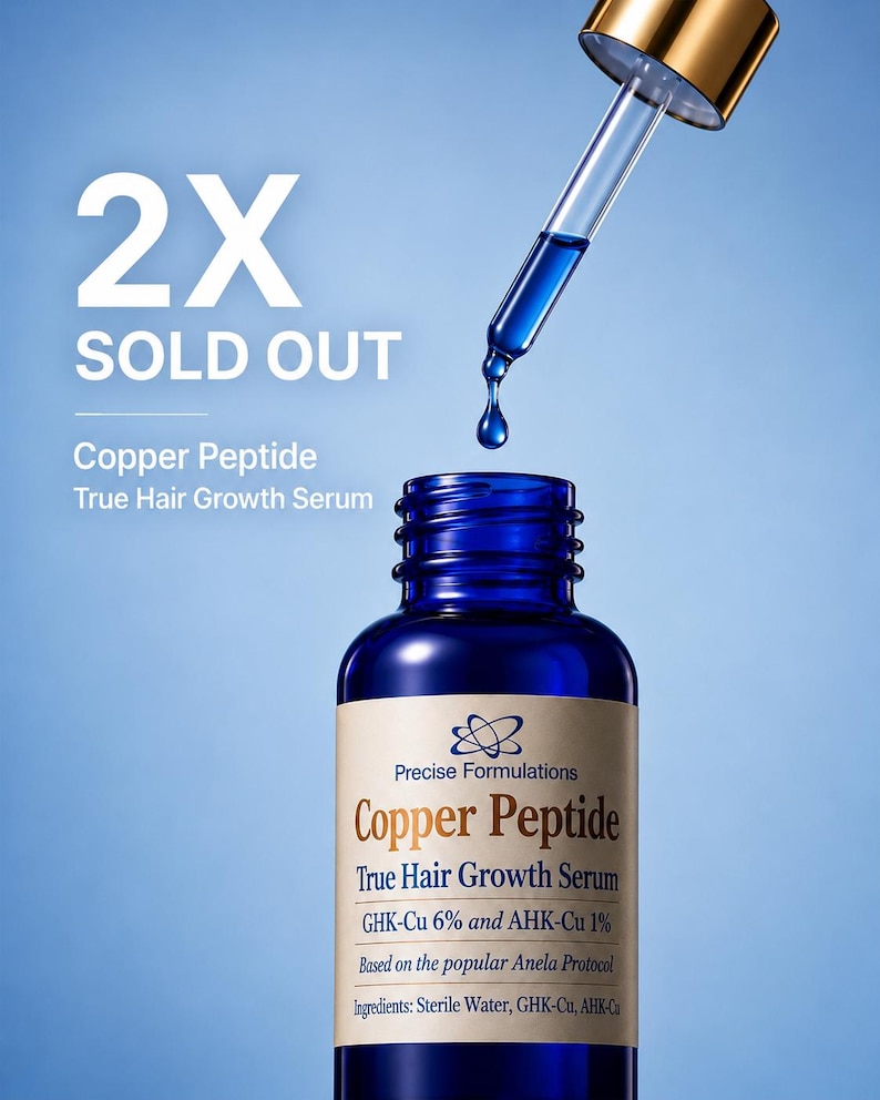 May include: A blue glass bottle of Copper Peptide True Hair Growth Serum with a dropper dispensing a blue liquid. The label reads Precise Formulations, Copper Peptide, True Hair Growth Serum, GHK-Cu 6% and AHK-Cu 1%, Anela Protocol.