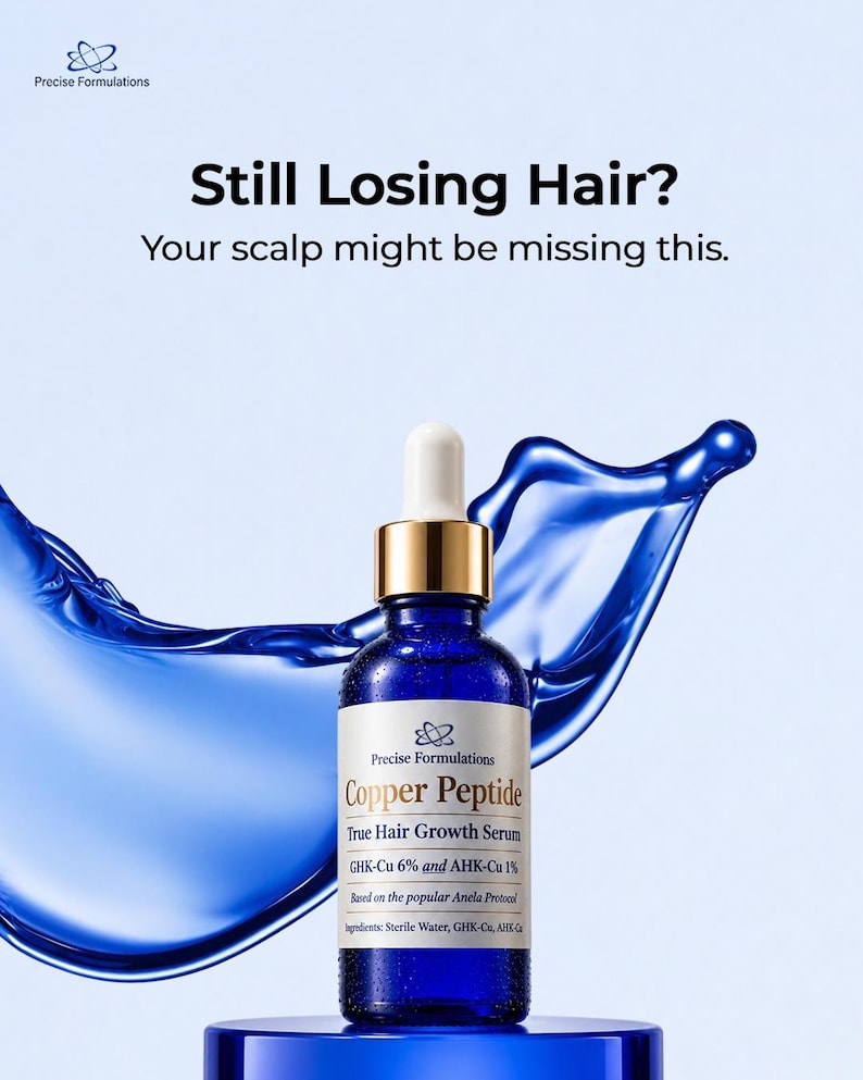 May include: A blue glass dropper bottle of Precise Formulations Copper Peptide True Hair Growth Serum with a gold cap and white label. The text reads Still Losing Hair? Your scalp might be missing this. GHK-Cu 6% and AHK-Cu 1%.