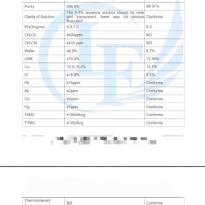 May include: A Certificate of Analysis document for Copper tripeptide-1/GHK-CU, batch LYPH260409. The table lists chemical specifications, purity of 99.57%, and test results including PH 6.0, water content 6.7%, and heavy metal compliance.