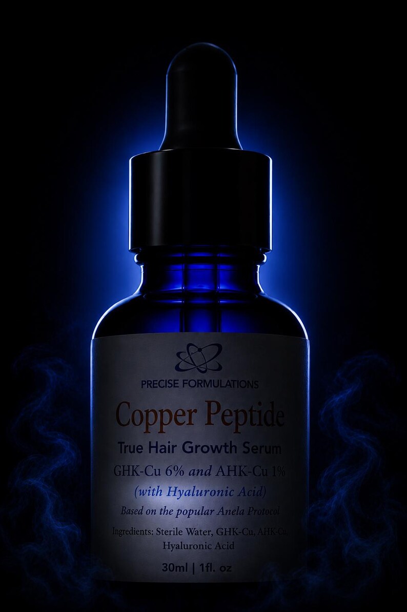 May include: A dark blue glass dropper bottle of Precise Formulations Copper Peptide True Hair Growth Serum. The label lists GHK-Cu 6%, AHK-Cu 1%, and Hyaluronic Acid. The bottle contains 30ml or 1 fl. oz and is surrounded by a blue glow.