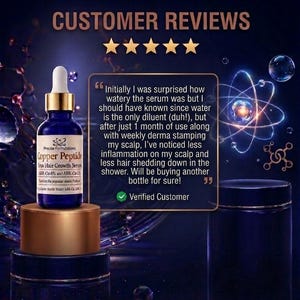May include: A blue glass dropper bottle labeled Precise Formulations Copper Peptide Hair Growth Serum, featuring a gold cap and white label. A customer review box displays five gold stars and text about hair growth results and scalp health.