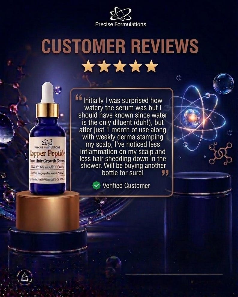 May include: A blue glass dropper bottle labeled Precise Formulations Copper Peptide Hair Growth Serum, featuring a gold cap and white label. A customer review box displays five gold stars and text about hair growth results and scalp health.