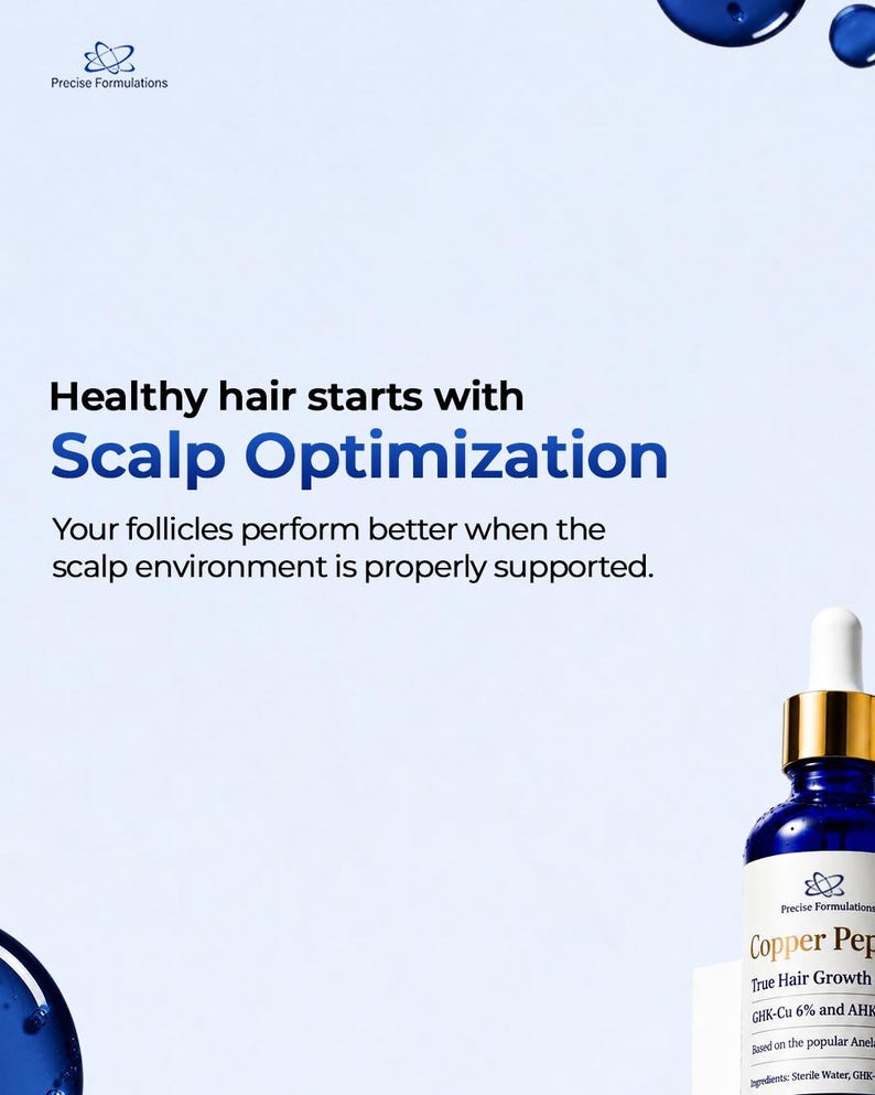 May include: A blue glass dropper bottle labeled Copper Pep True Hair Growth with GHK-Cu 6% and AHK-Cu. The text reads Healthy hair starts with Scalp Optimization. Your follicles perform better when the scalp environment is properly supported.