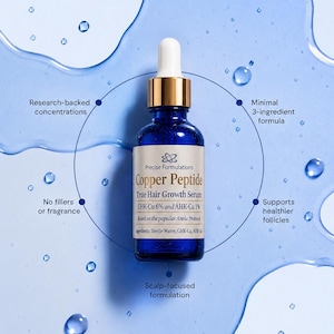 May include: A blue glass dropper bottle of Copper Peptide True Hair Growth Serum with a white cap. The label lists GHK-Cu 6% and AHK-Cu 1% with the text Precise Formulations. Surrounding text highlights research-backed concentrations, a 3-ingredient formula, no fillers or fragrance, scalp-focused formulation, and support for healthier follicles.